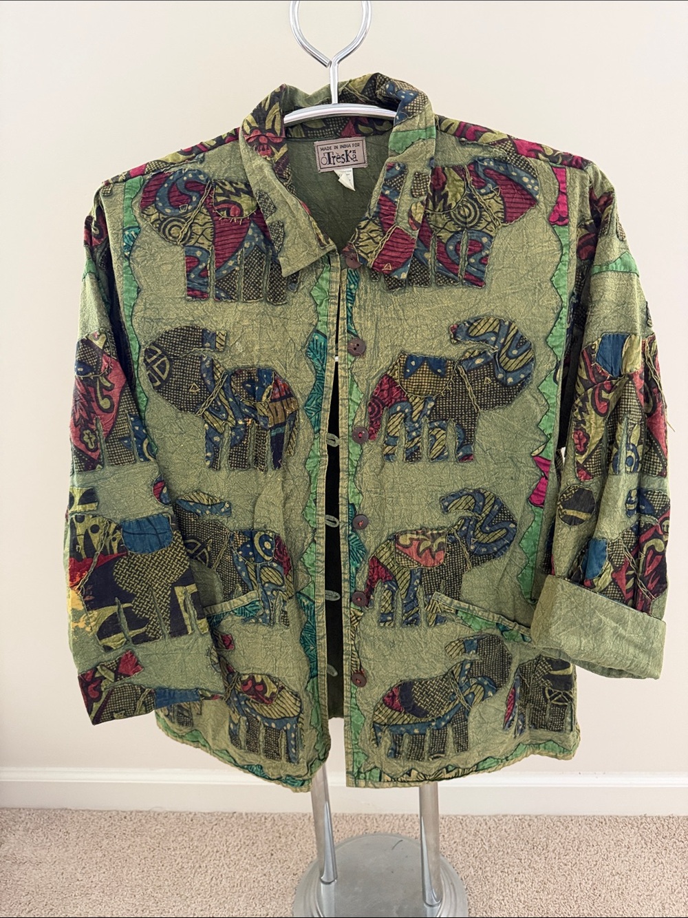 Green Patterned Elephant Button-Up Jacket, OS